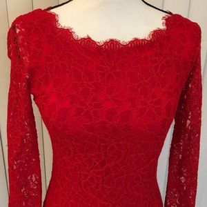 Diane von Furstenberg ,red lace ,short dress ,long sleeve
